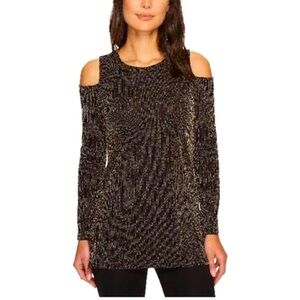 Michael Kors Black Gold Shimmer Long Sleeve Cold Shoulder Tunic Top